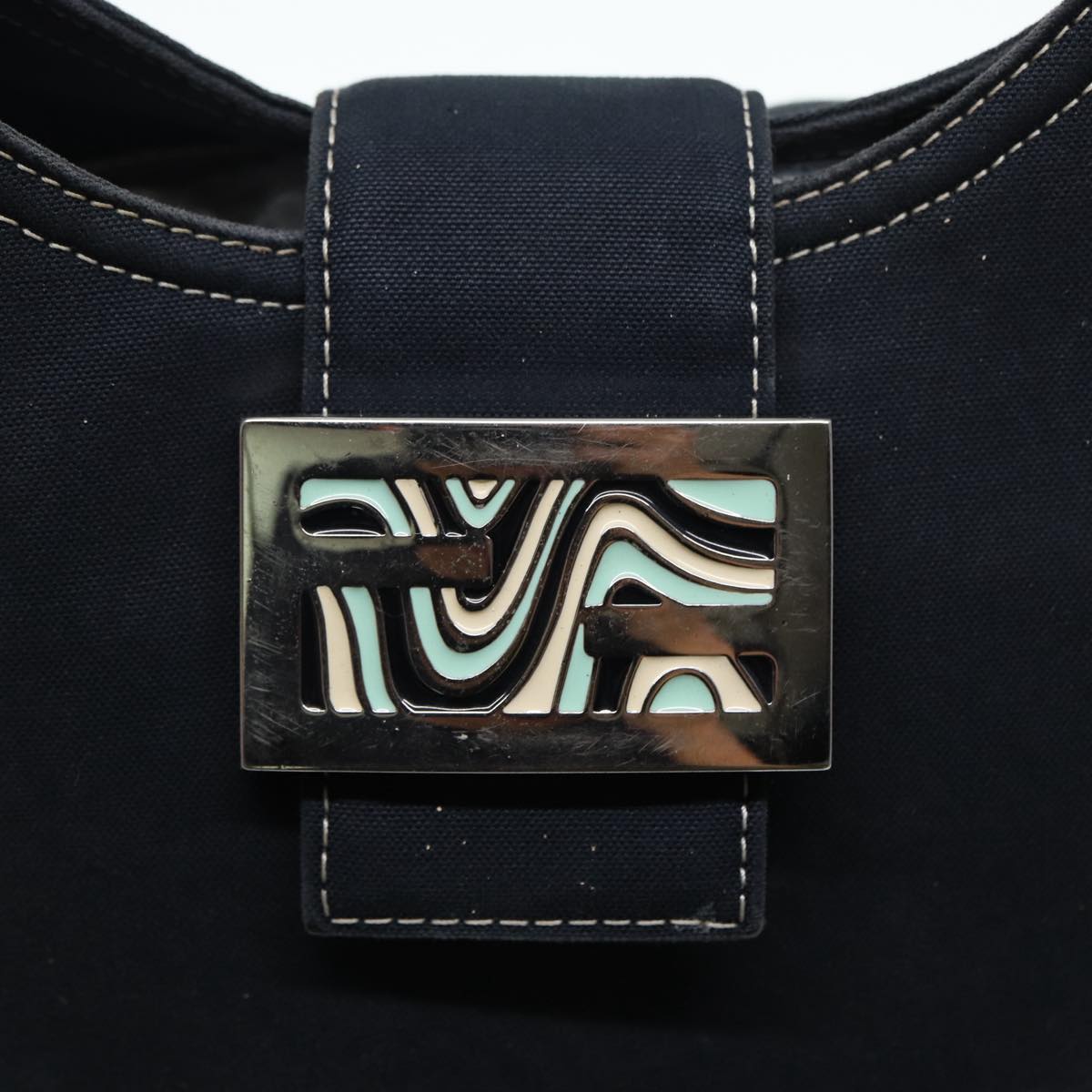 FENDI Mamma Baguette Shoulder Bag Canvas Navy Silver 88583