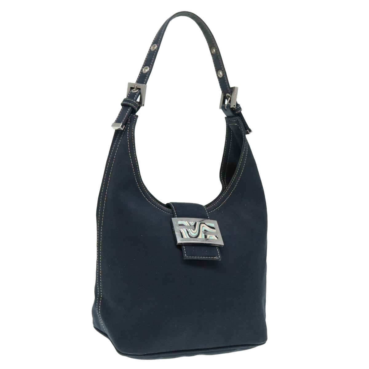 FENDI Mamma Baguette Shoulder Bag Canvas Navy Silver 88583