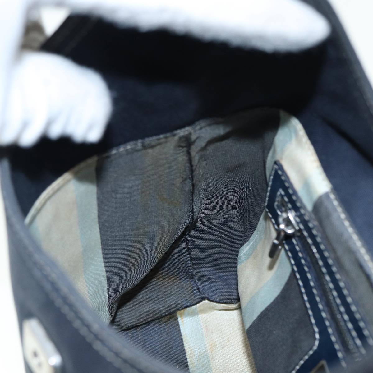 FENDI Mamma Baguette Shoulder Bag Canvas Navy Silver 88583