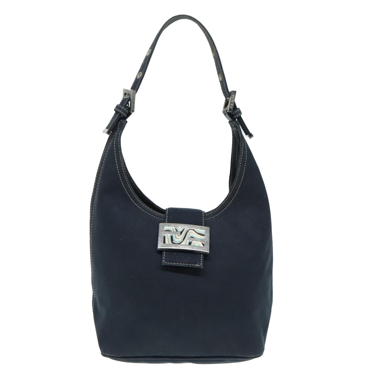 FENDI Mamma Baguette Shoulder Bag Canvas Navy Silver 88583