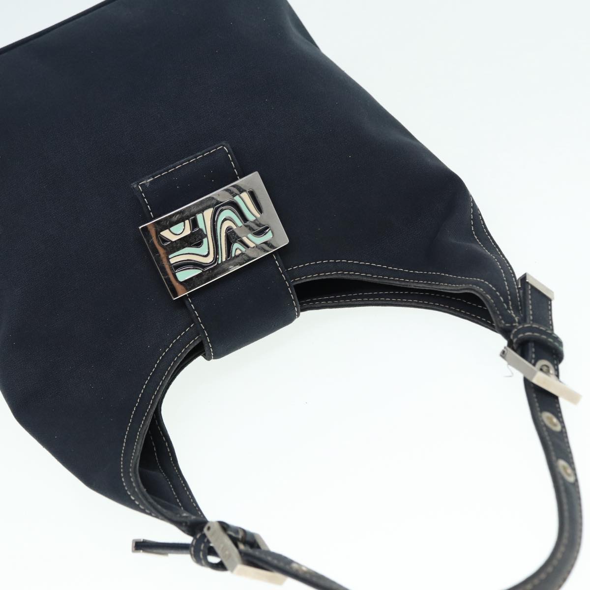 FENDI Mamma Baguette Shoulder Bag Canvas Navy Silver 88583