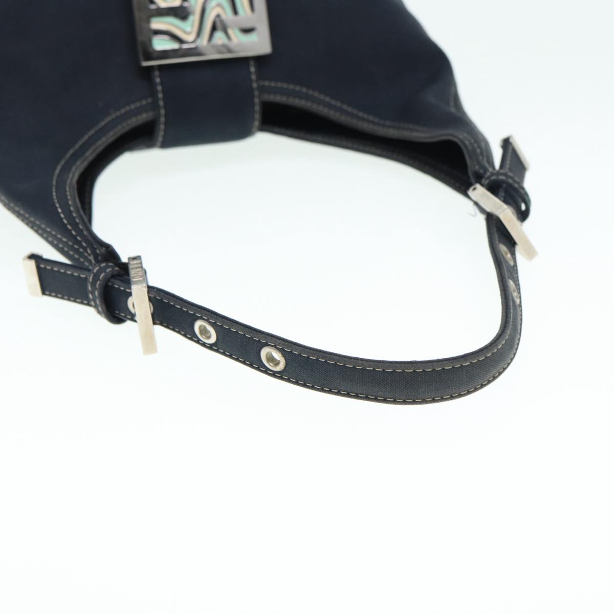 FENDI Mamma Baguette Shoulder Bag Canvas Navy Silver 88583