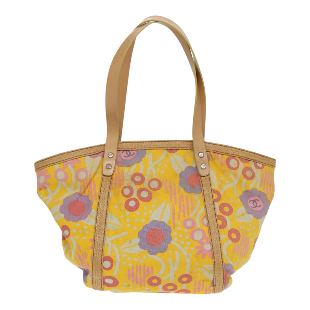 CHANEL Tote Bag Canvas Yellow Silver CC 88643