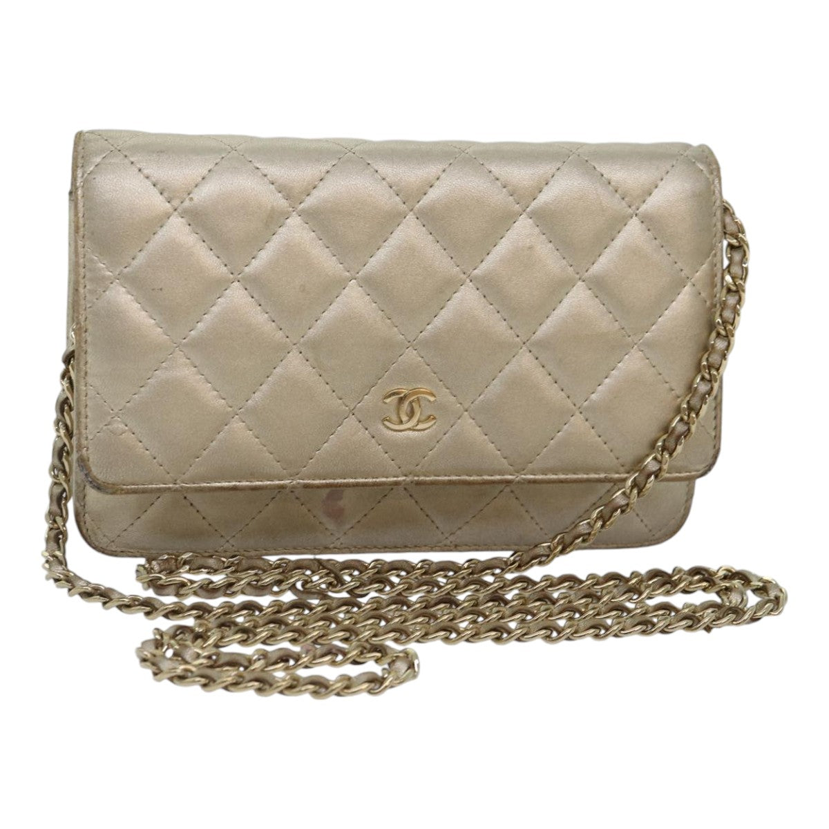 CHANEL Matelasse Chain Shoulder Bag Lamb Skin Gold Tone Gold CC 88657