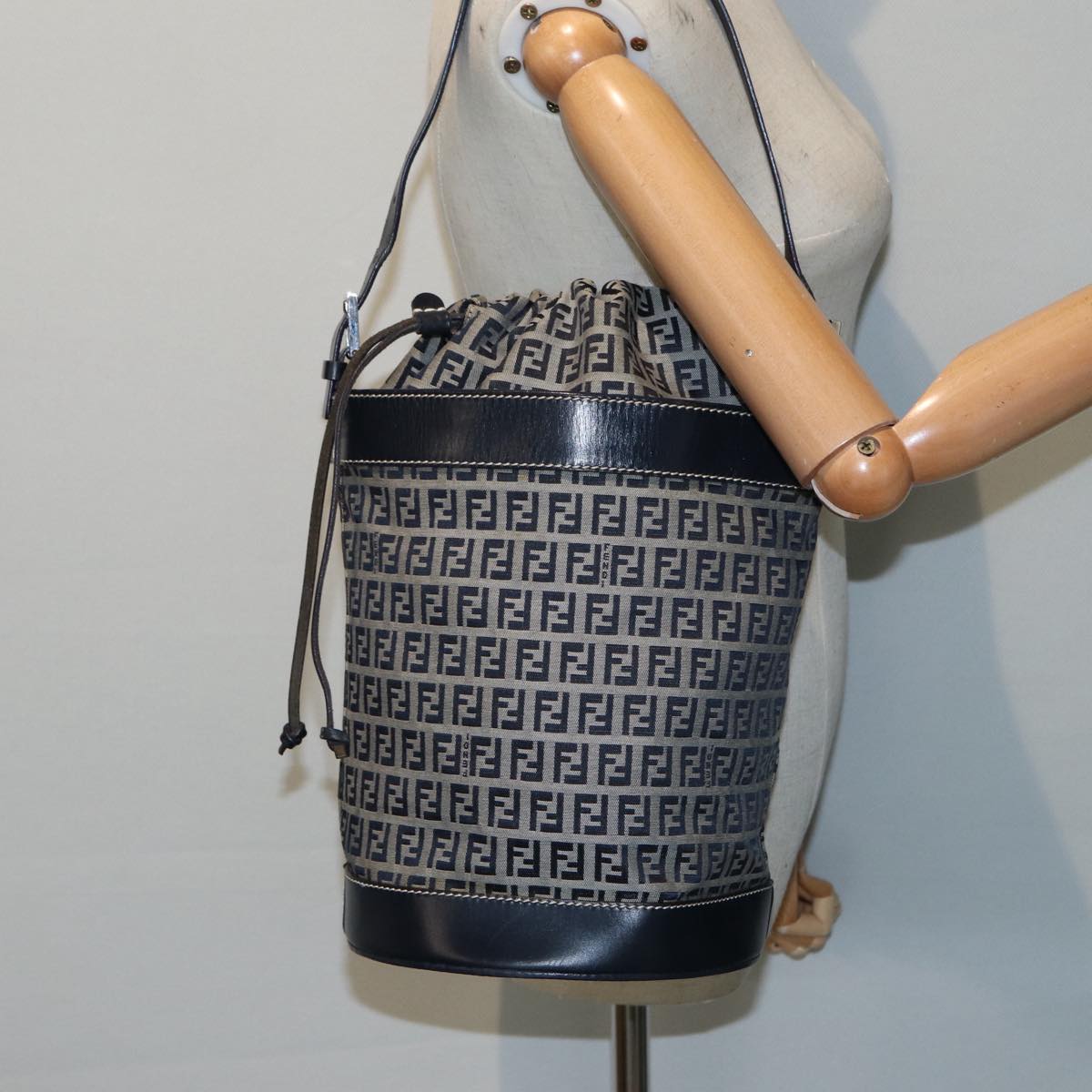 FENDI Zucchino Canvas Shoulder Bag Navy Silver 88663