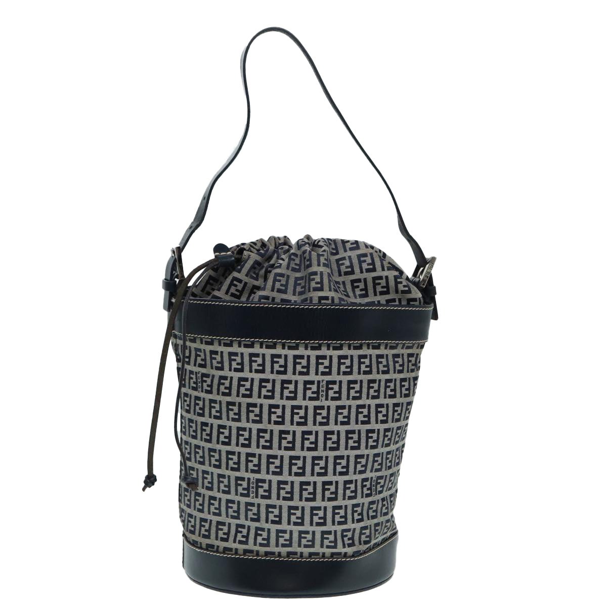 FENDI Zucchino Canvas Shoulder Bag Navy Silver 88663
