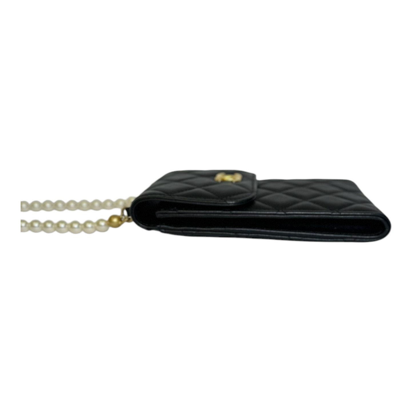 Chanel Lambskin Quilted Pearl Phone Holder With Chain Black