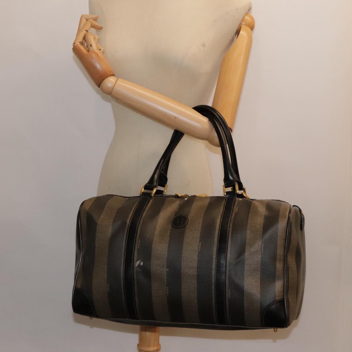 FENDI Pecan Canvas Boston Bag Brown Black gold 89050