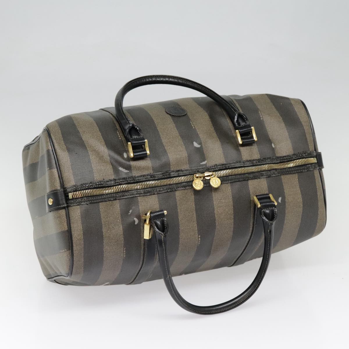 FENDI Pecan Canvas Boston Bag Brown Black gold 89050