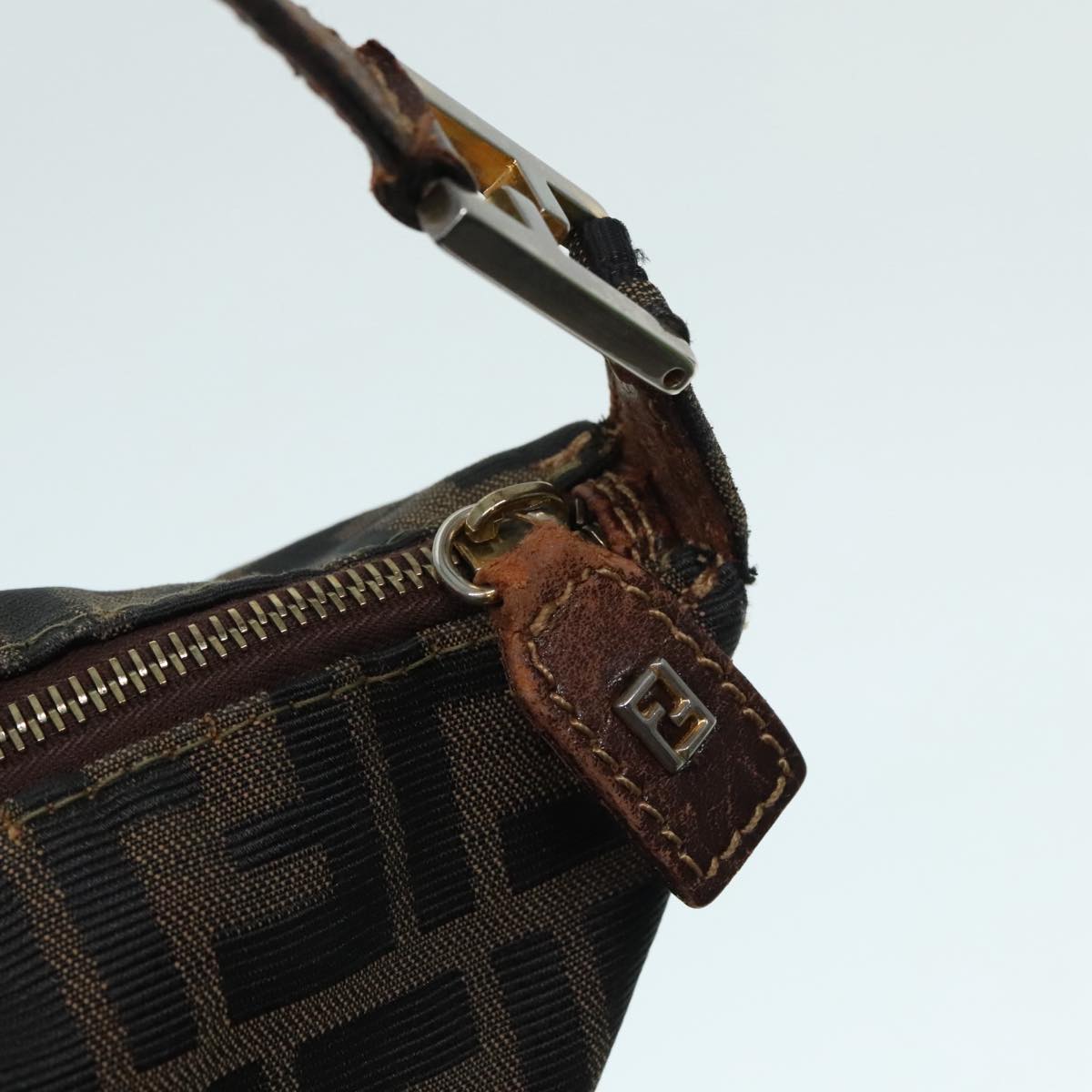 FENDI Zucca Canvas Shoulder Bag Brown Black gold 89097