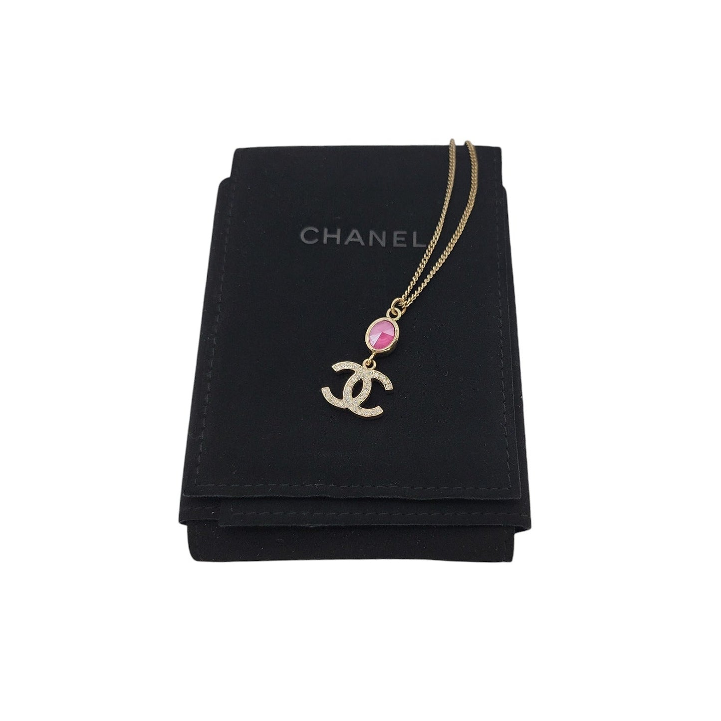 Chanel Crystal CC Drop Necklace Pink Gold