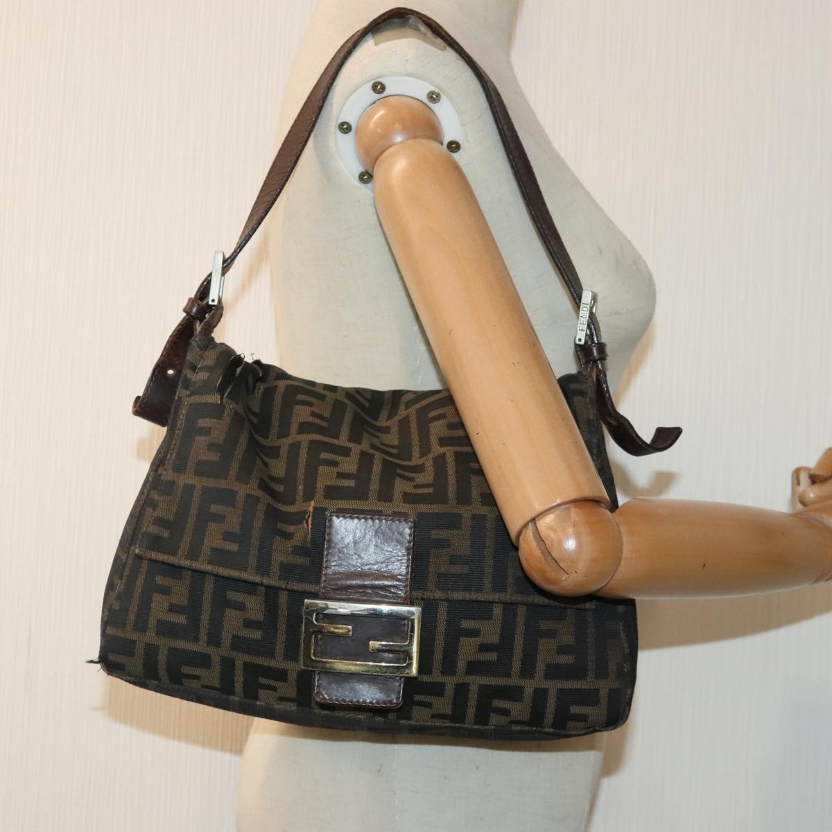 FENDI Zucca Canvas Mamma Baguette Shoulder Bag Brown Black gold 89599