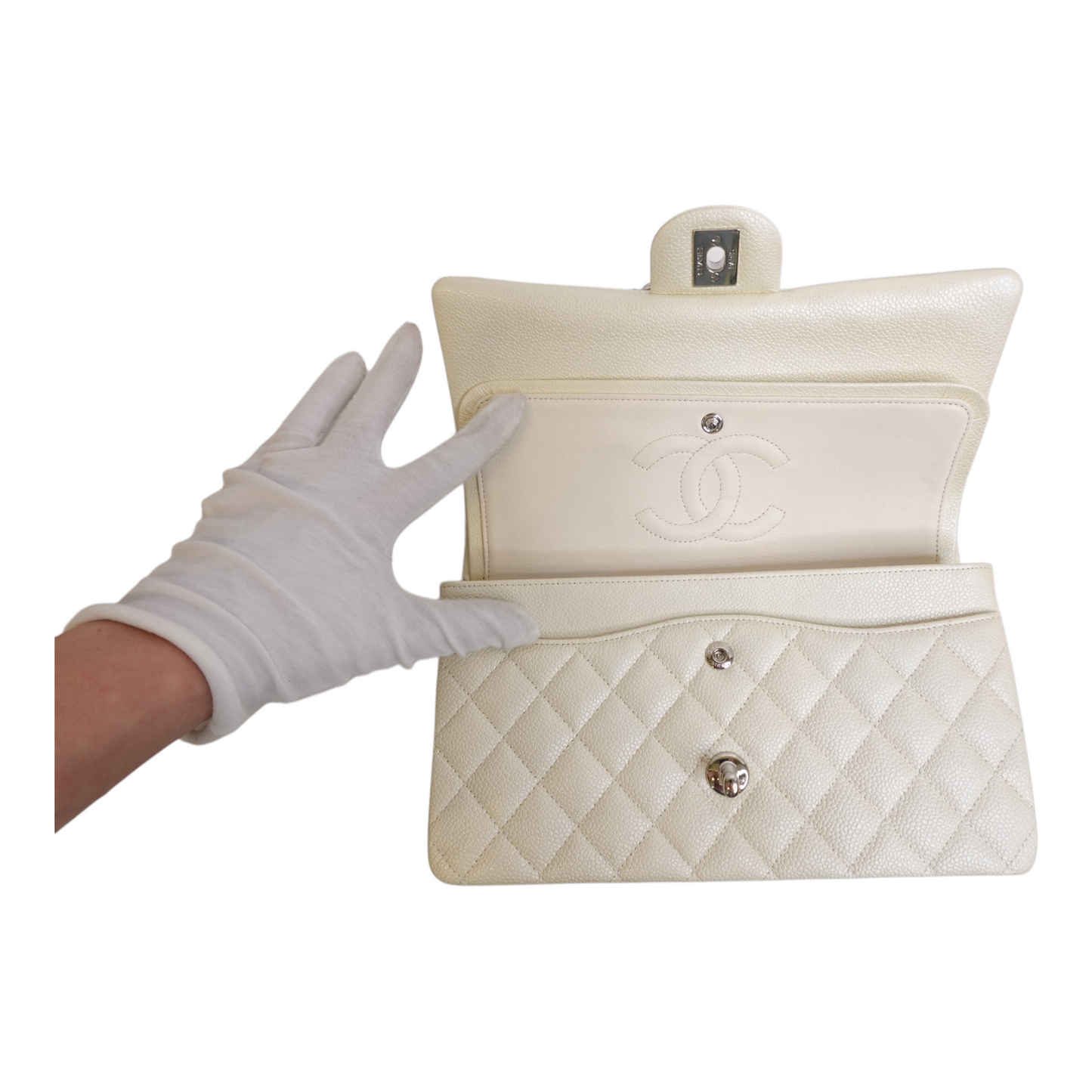 Chanel Medium Double Flap Pearlescent Ivory Caviar
