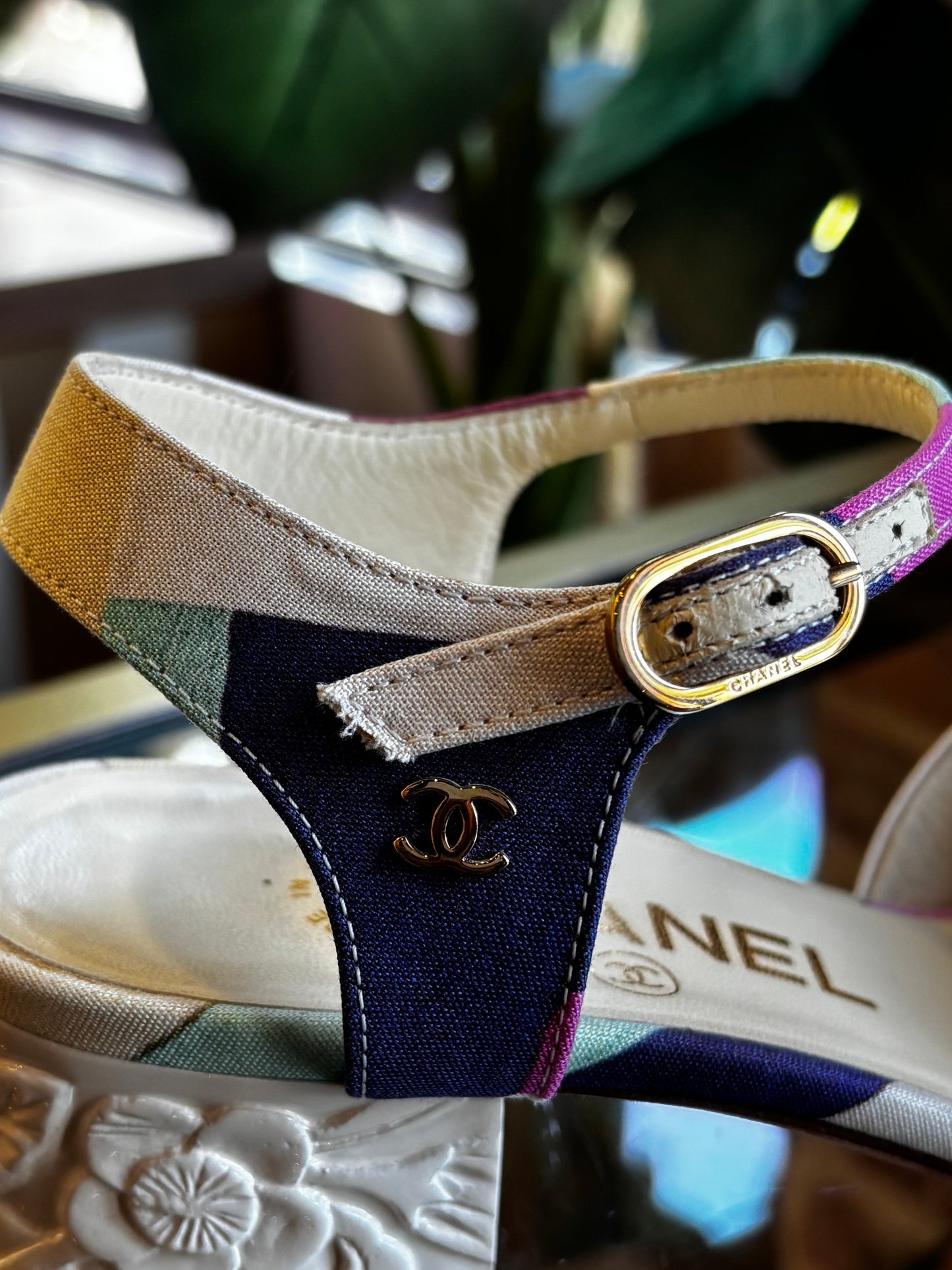 CHANEL Multicolor Fabric Camellia Sandals
