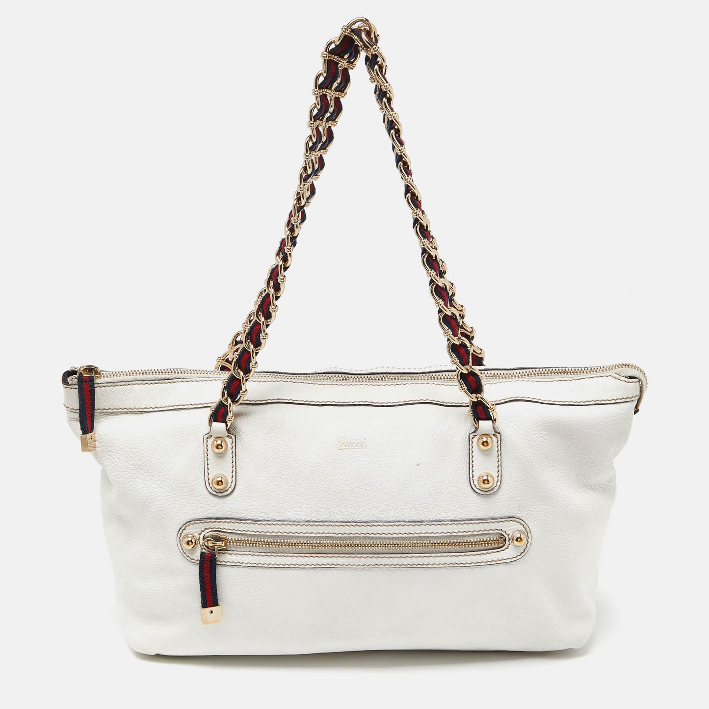 GucciLeather Front Zip Chain Tote