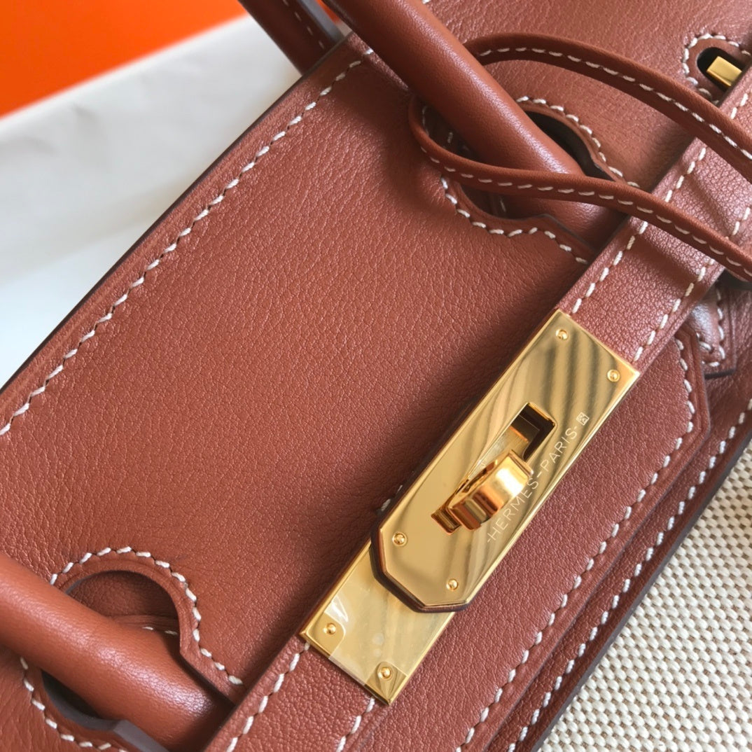 GLAMI Birkin Bag Toile and Brown Barenia with Gold Hardware For Women, Handbags, Shoulder Bags 30cm/12in