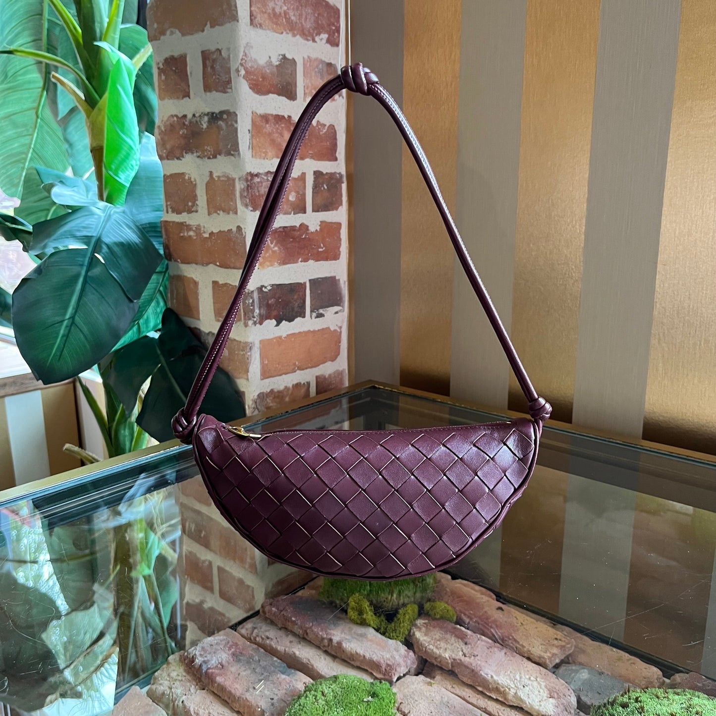 BOTTEGA VENETA Half Moon Barro Muse Brass Nappa Intrecciato Shoulder Bag