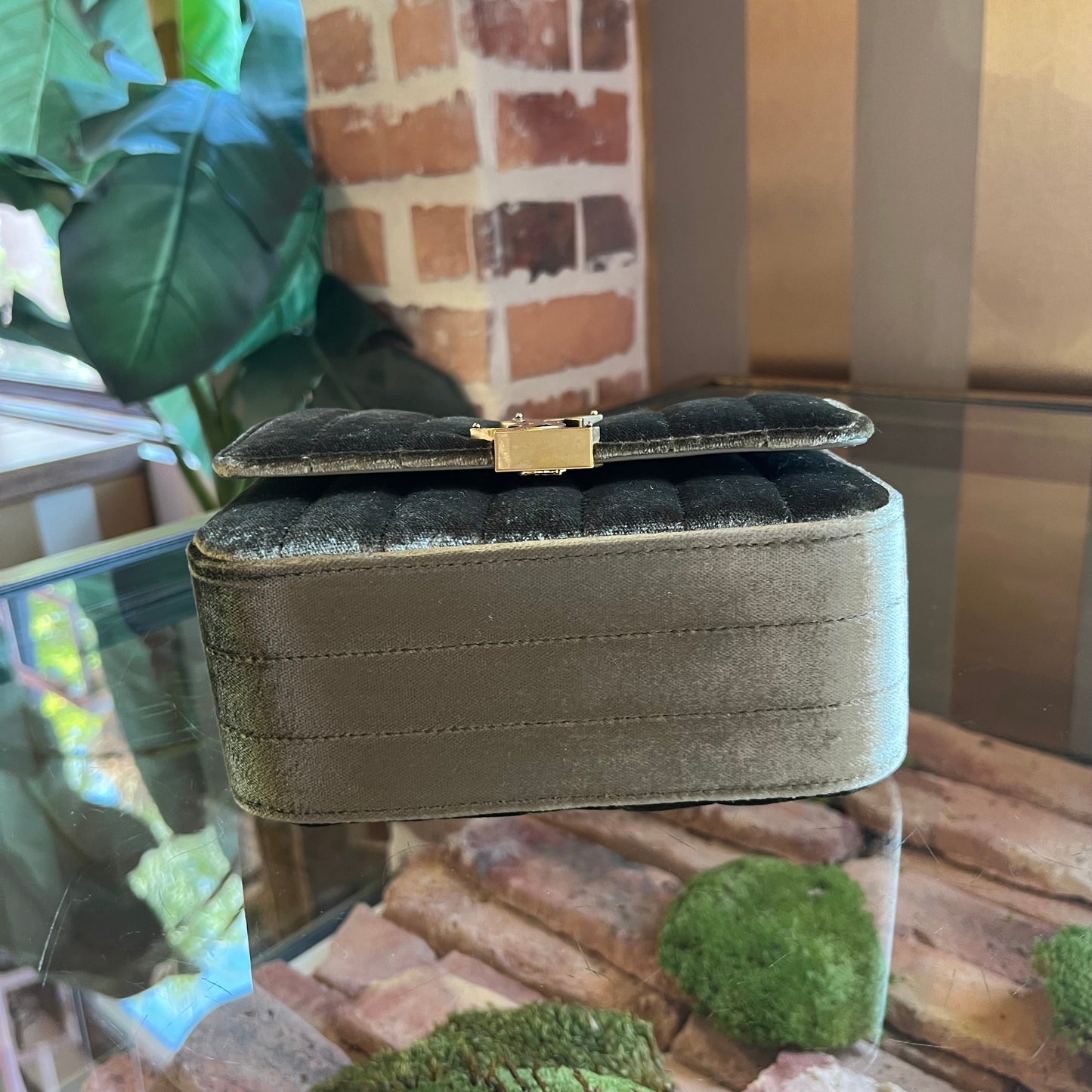 SAINT LAURENT Vicky Mini Olive Green Velvet Shoulder Bag