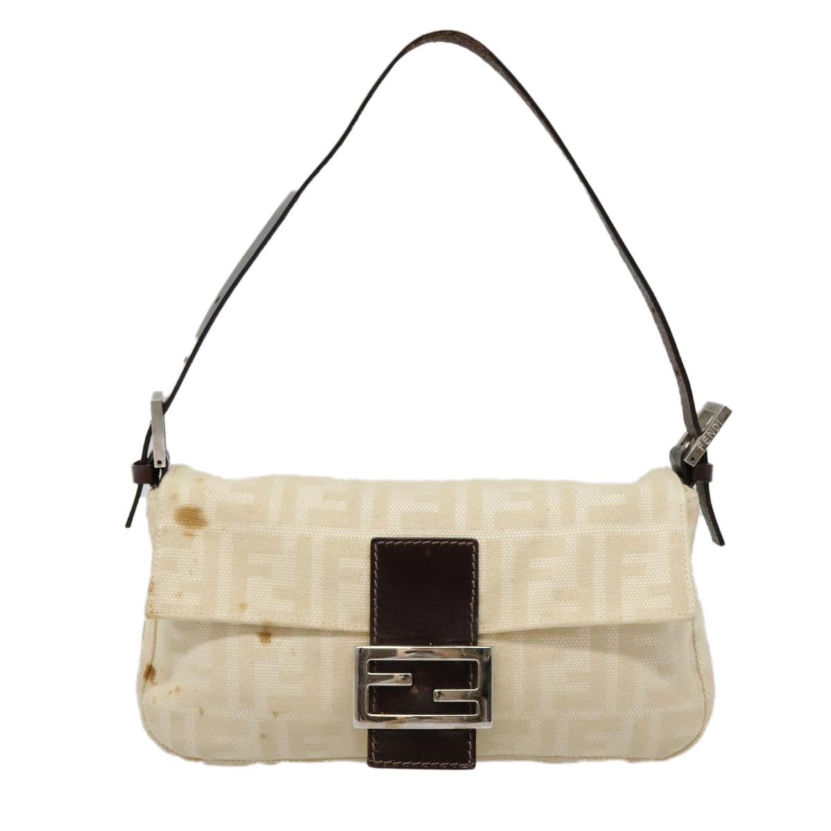 FENDI Zucca Canvas Mamma Baguette Shoulder Bag Beige Brown Silver 90203