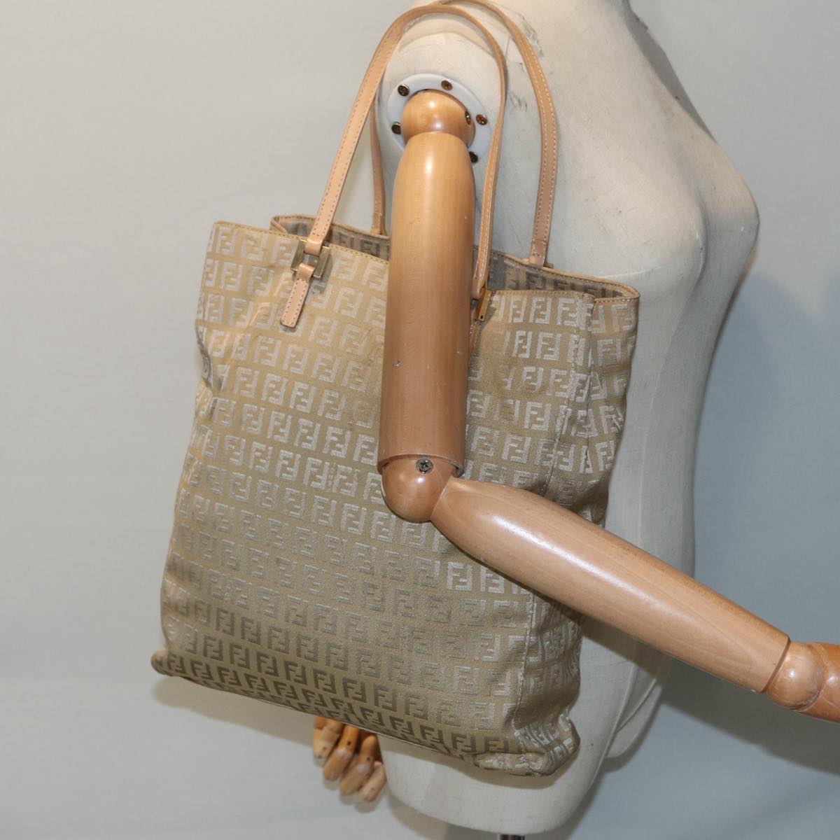 FENDI Zucchino Canvas Tote Bag Beige Gold 90378