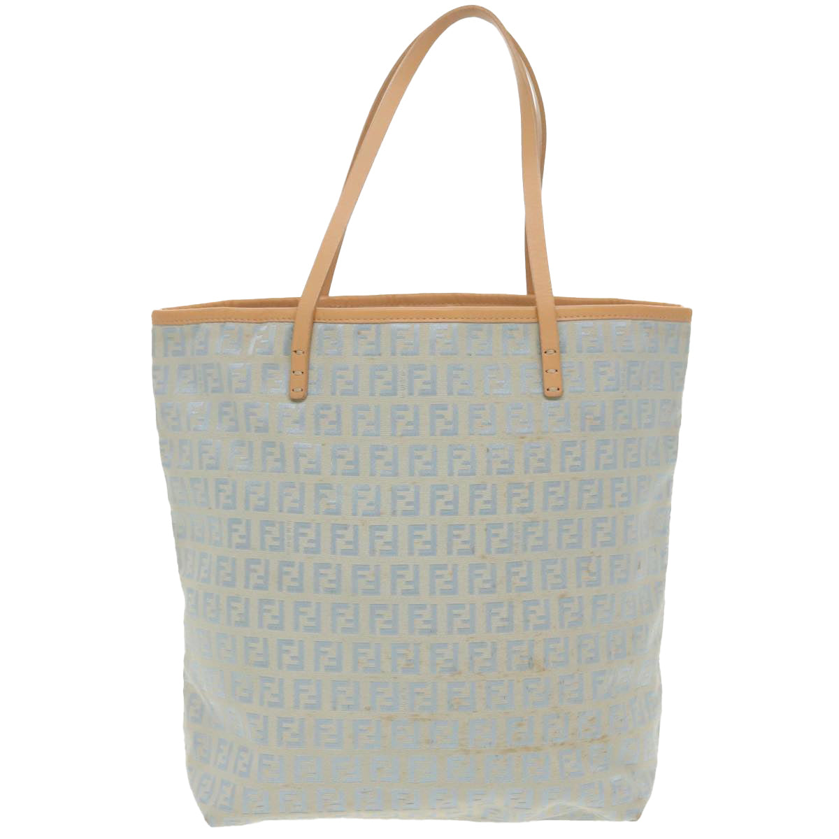 FENDI Zucchino Canvas Tote Bag Light Blue Brown Silver 90434