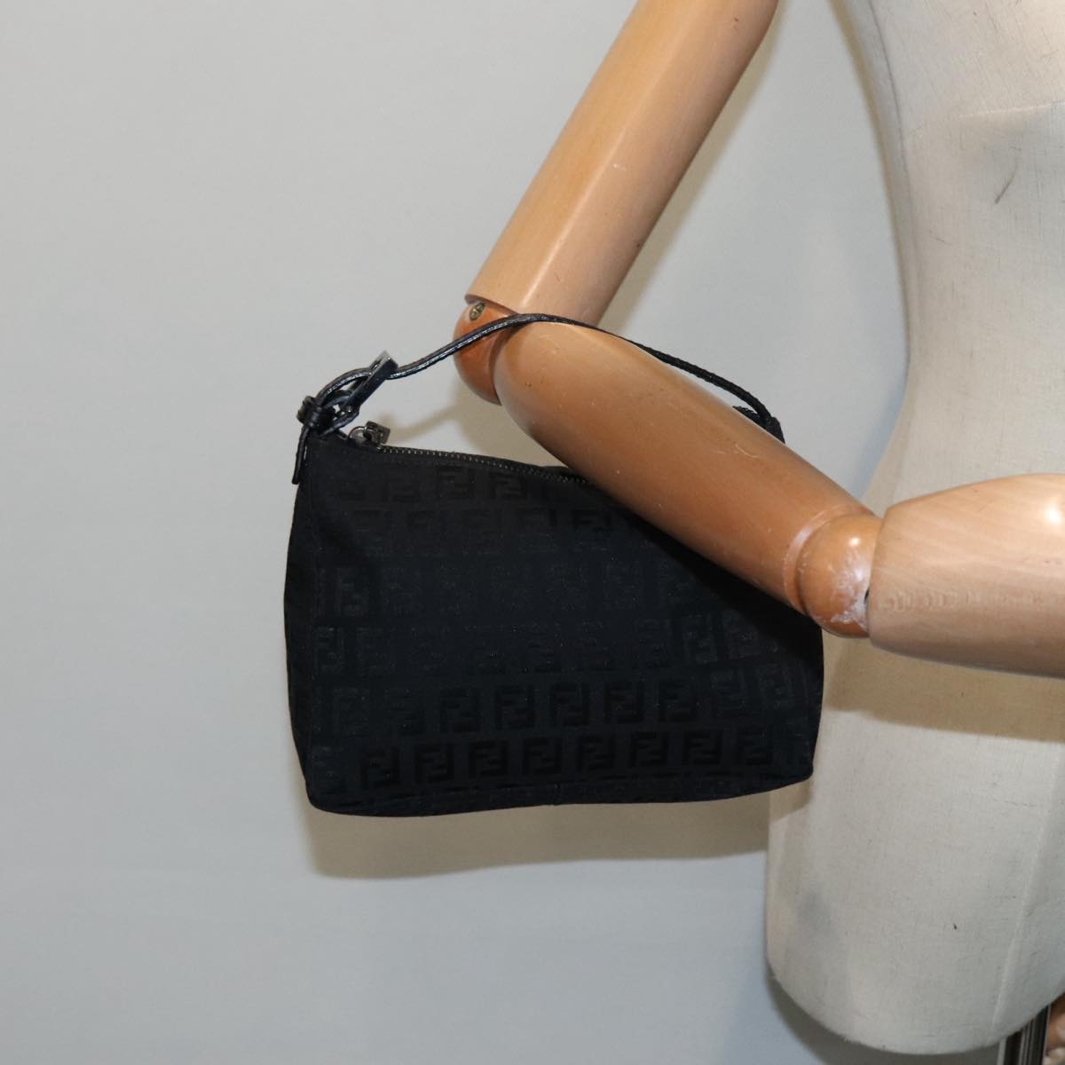 FENDI Zucchino Canvas Hand Bag Black Silver 90550