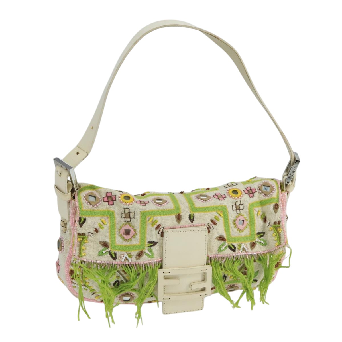 FENDI Mamma Baguette Shoulder Bag Beads Canvas White 90955A