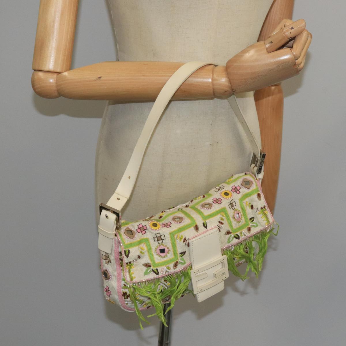 FENDI Mamma Baguette Shoulder Bag Beads Canvas White 90955A