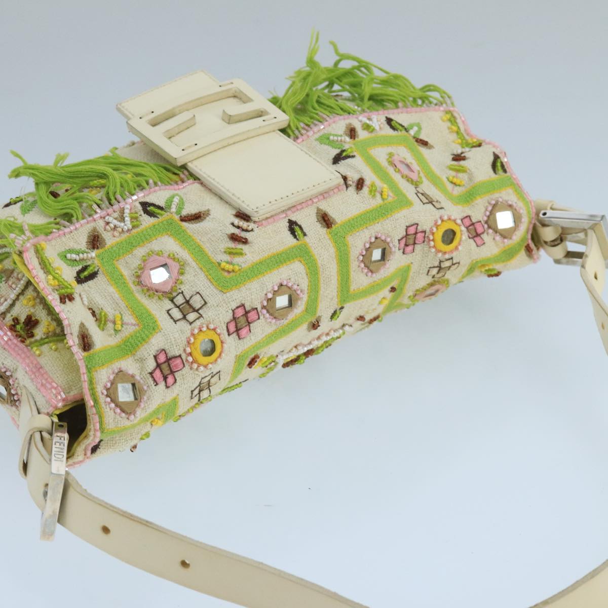 FENDI Mamma Baguette Shoulder Bag Beads Canvas White 90955A