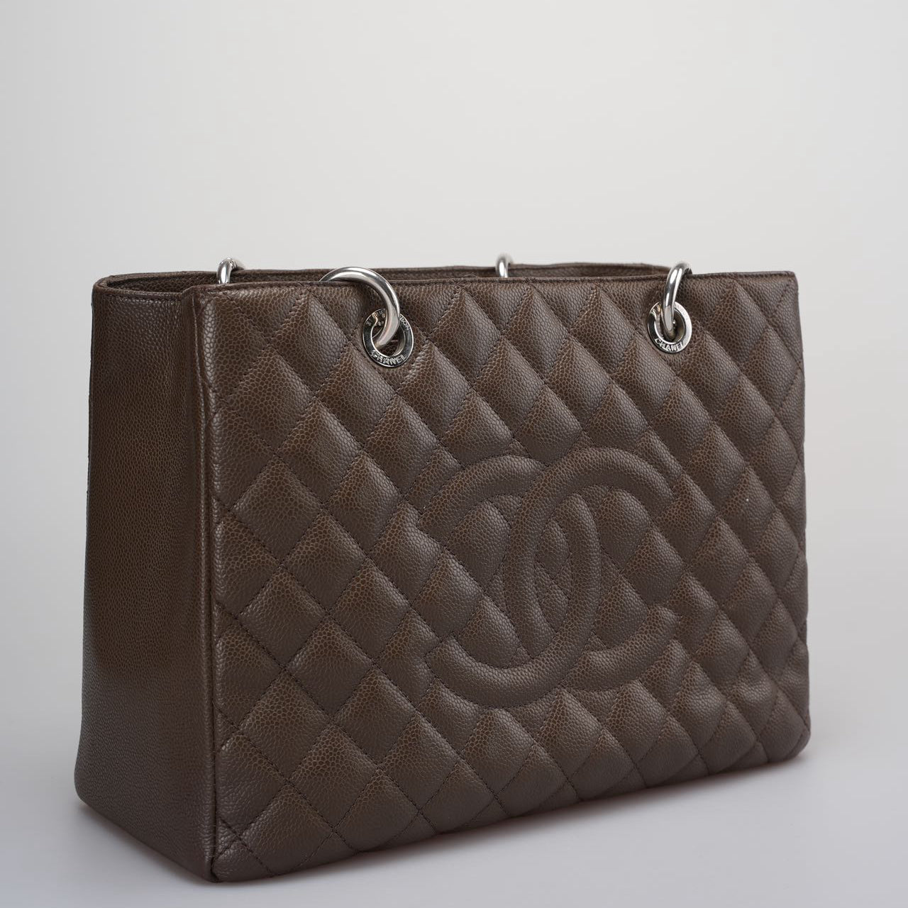 GLM-Brown GST Grand Shopping Tote  Bag in Caviar Leather with  Silver Hardware