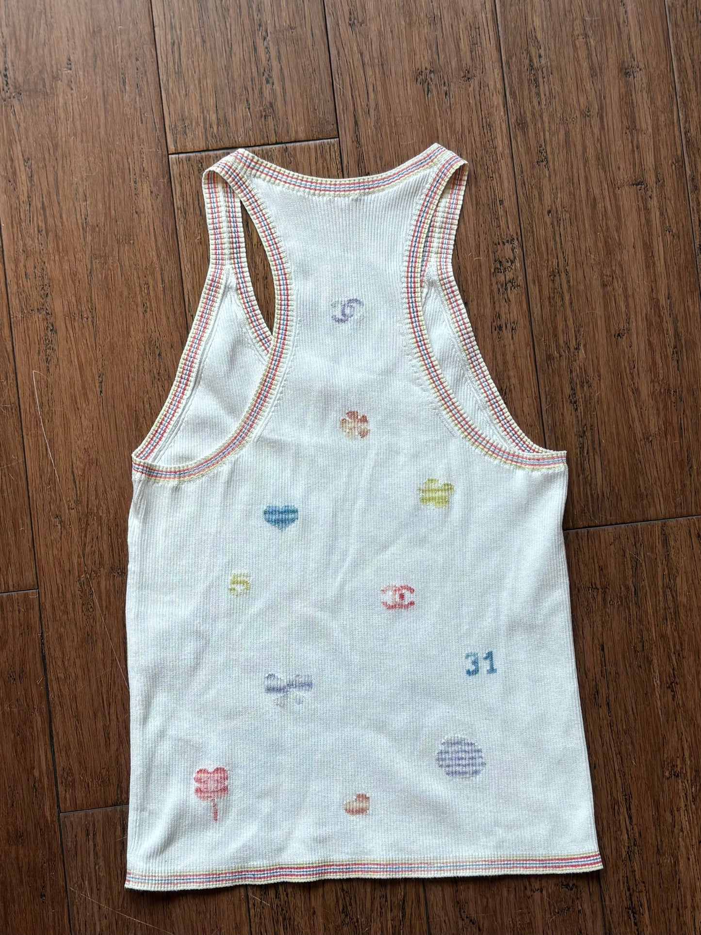 CHANEL White Ribbed Multicolor Clover Tank Top Sz 40(10US)