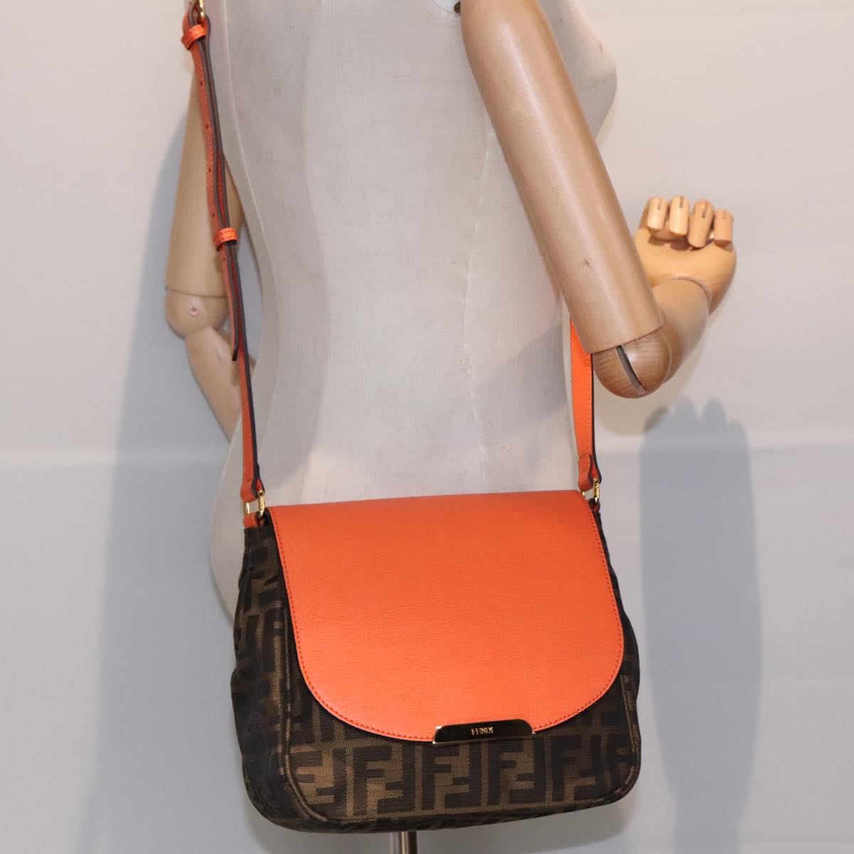 FENDI Zucca Canvas Shoulder Bag Brown Black Orange 91226