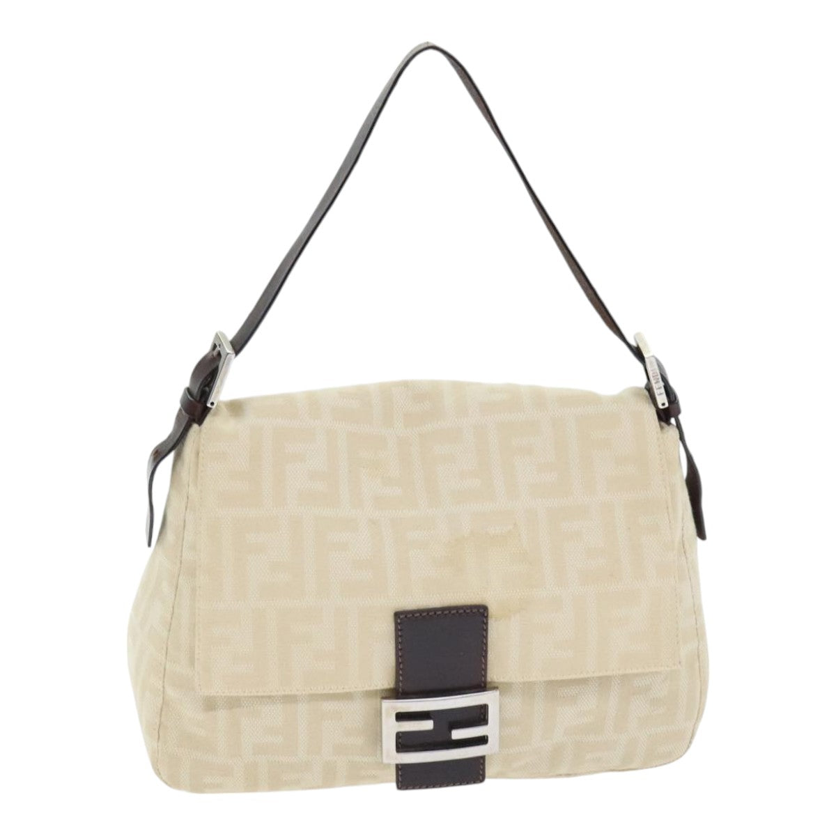 FENDI Zucca Canvas Mamma Baguette Shoulder Bag Beige Silver 91229