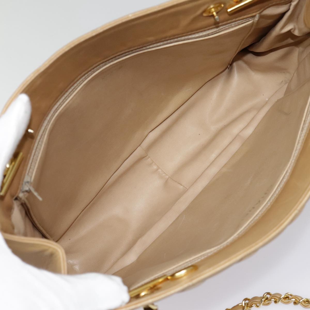 CHANEL Matelasse Chain Shoulder Bag Lamb Skin Beige Gold CC 91313