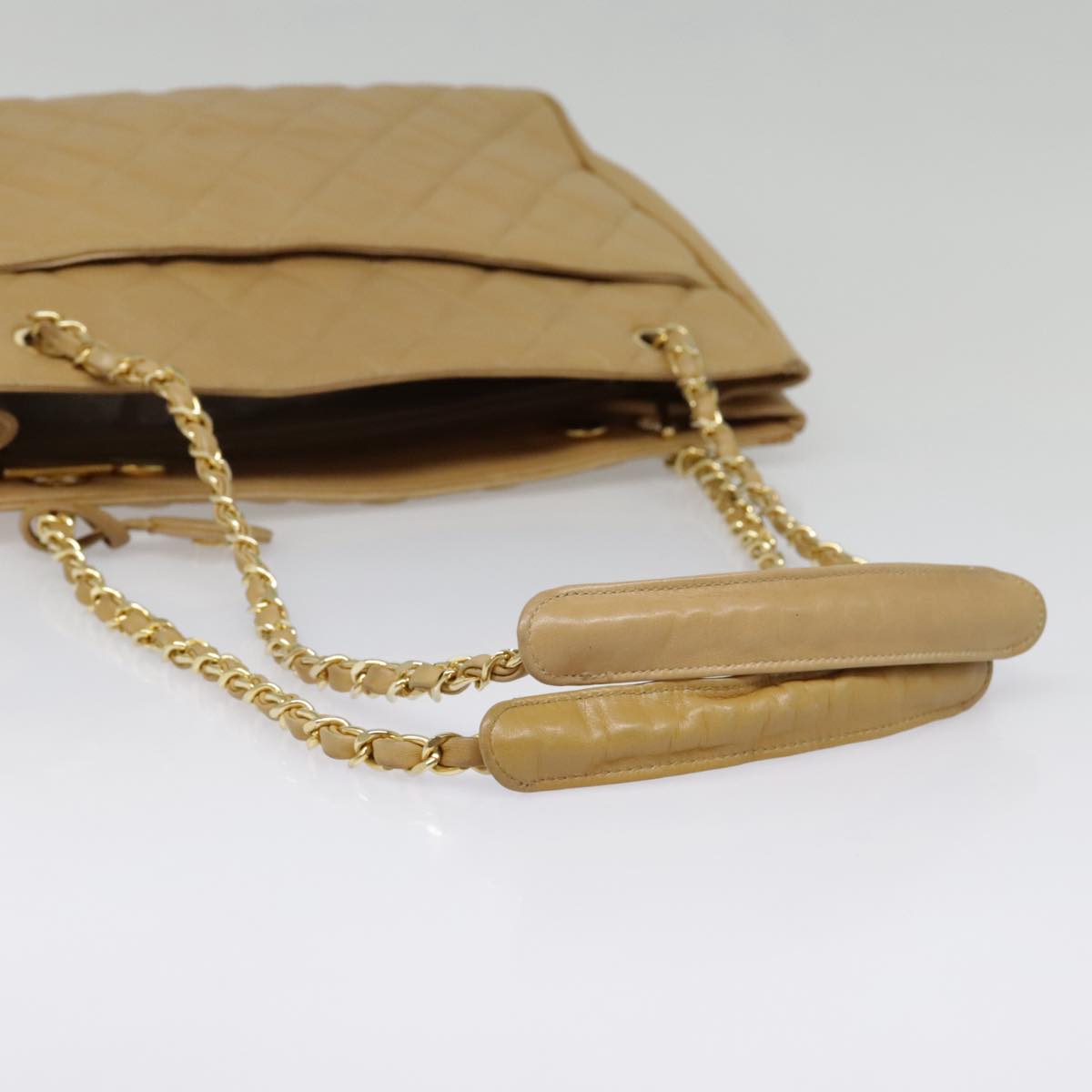 CHANEL Matelasse Chain Shoulder Bag Lamb Skin Beige Gold CC 91313