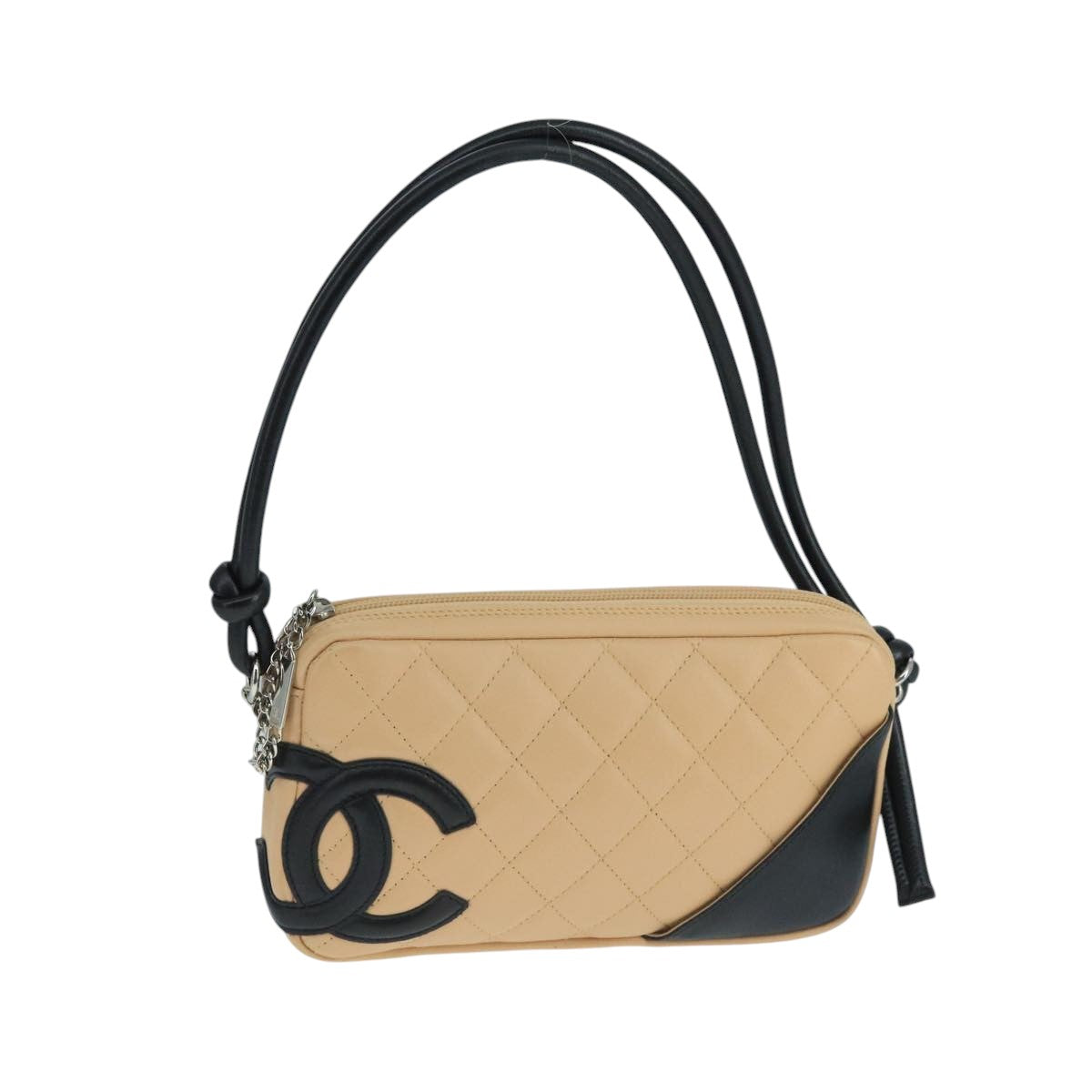 CHANEL Cambon Line Accessory Pouch Leather Black Beige CC 91552A