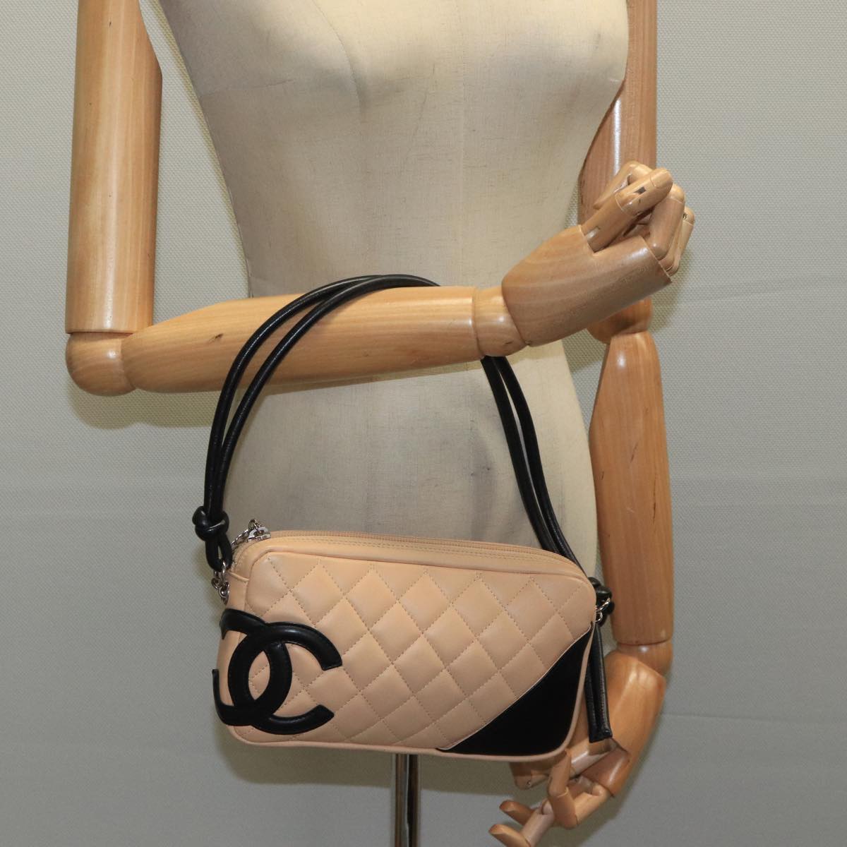 CHANEL Cambon Line Accessory Pouch Leather Black Beige CC 91552A