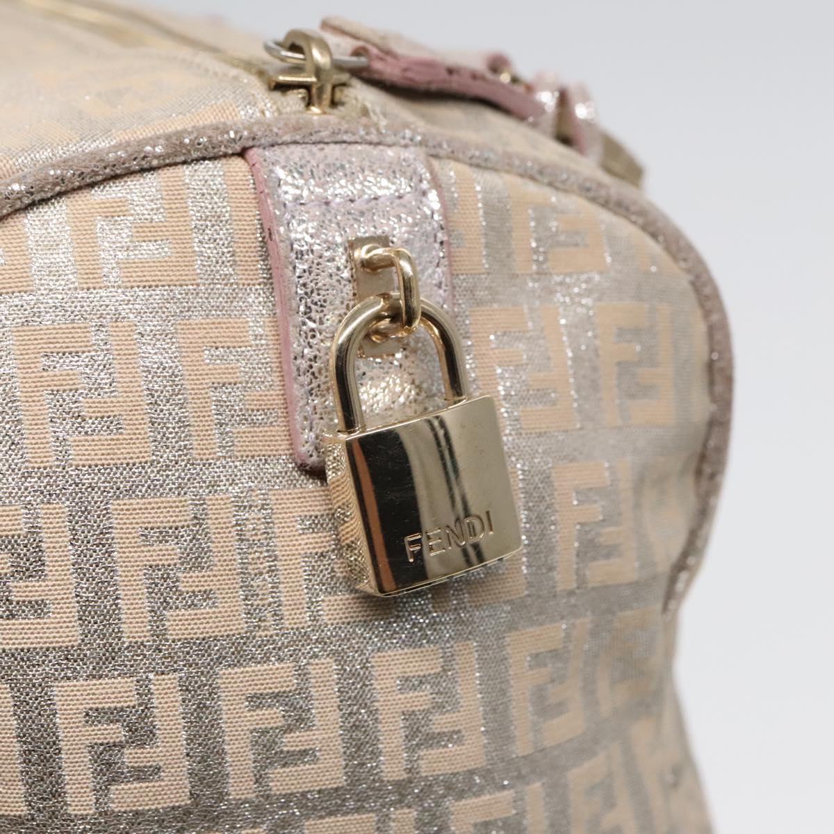 FENDI Zucchino Canvas Boston Bag Silver Beige 91810
