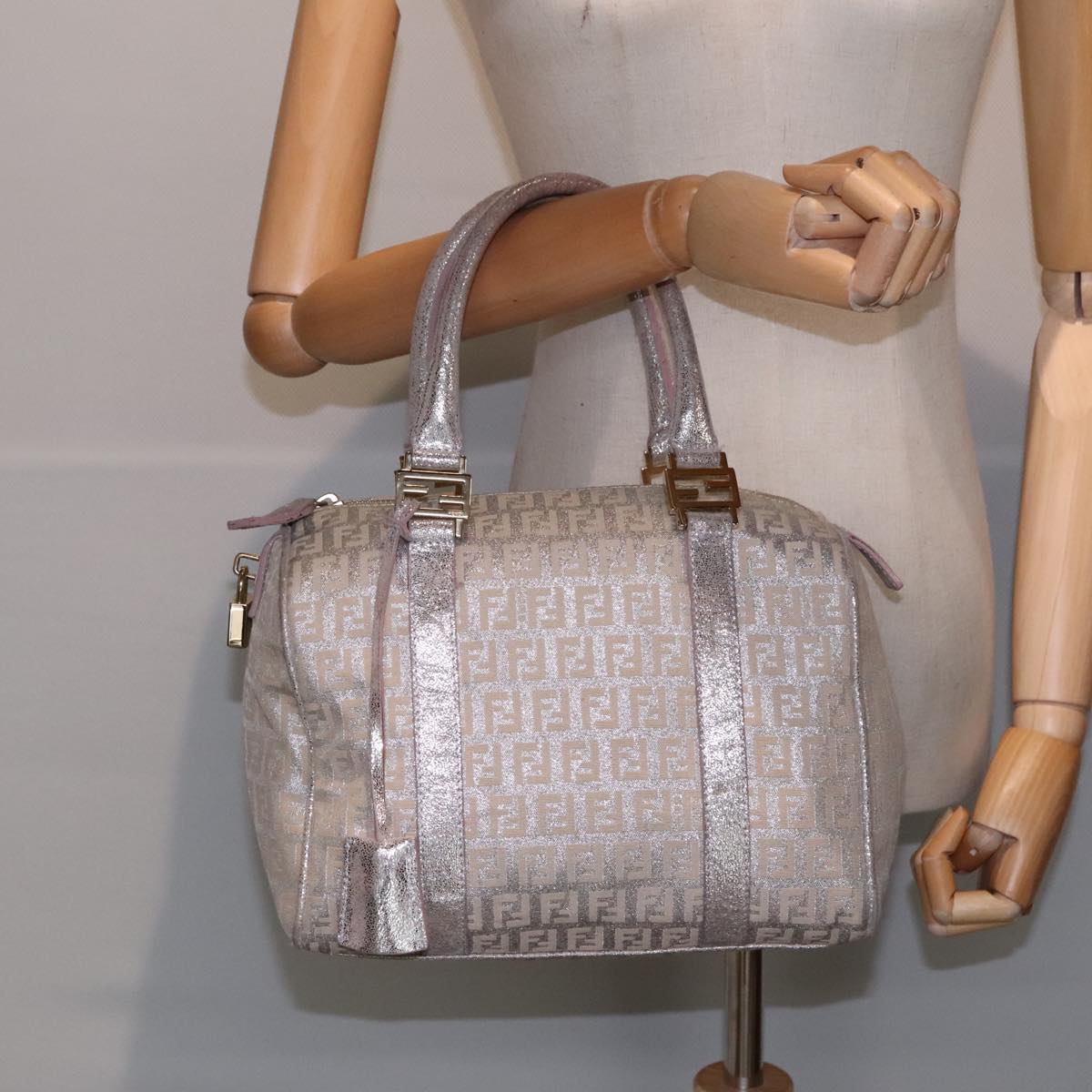 FENDI Zucchino Canvas Boston Bag Silver Beige 91810