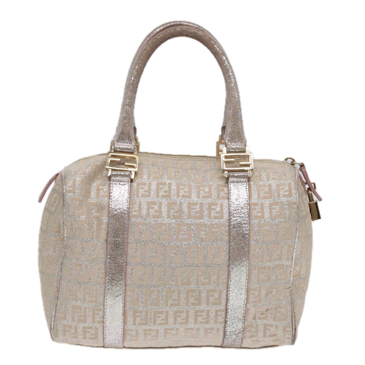 FENDI Zucchino Canvas Boston Bag Silver Beige 91810