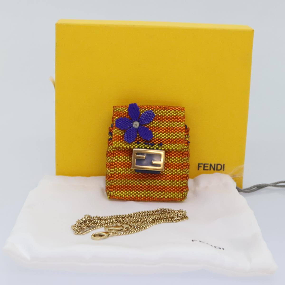 FENDI Chain Shoulder Bag Beads Orange Gold 91931