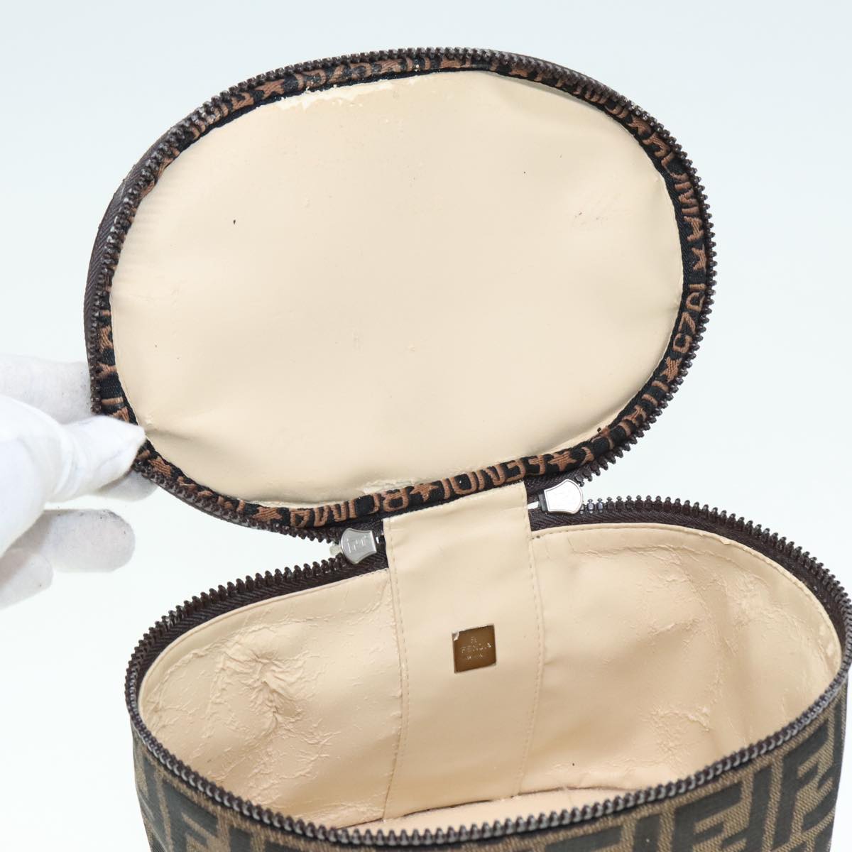FENDI Zucca Canvas Vanity Hand Bag Brown Black Silver 92279