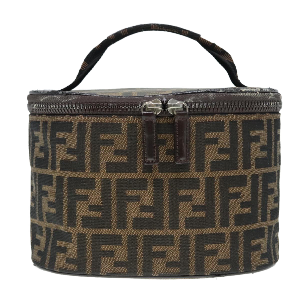 FENDI Zucca Canvas Vanity Hand Bag Brown Black Silver 92279