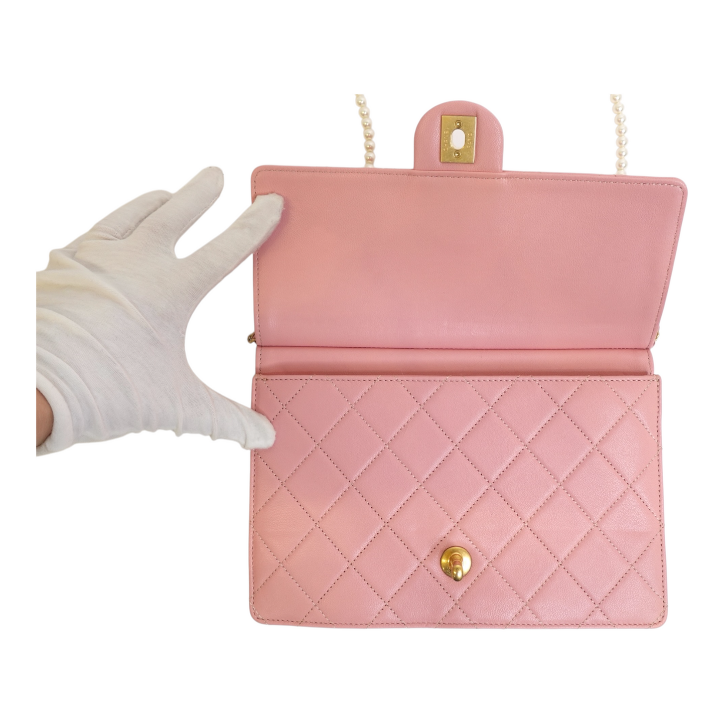 Chanel Lambskin Quilted Large Pearl Chain Flap Bag Pink