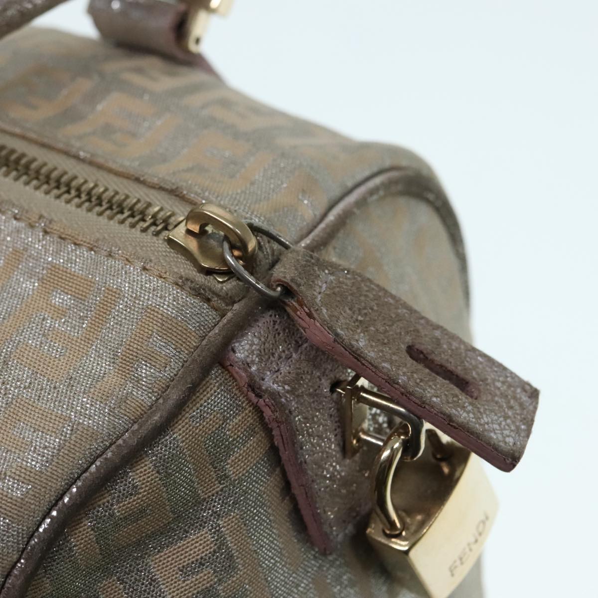 FENDI Zucchino Canvas Hand Bag Silver Beige Gold 92437