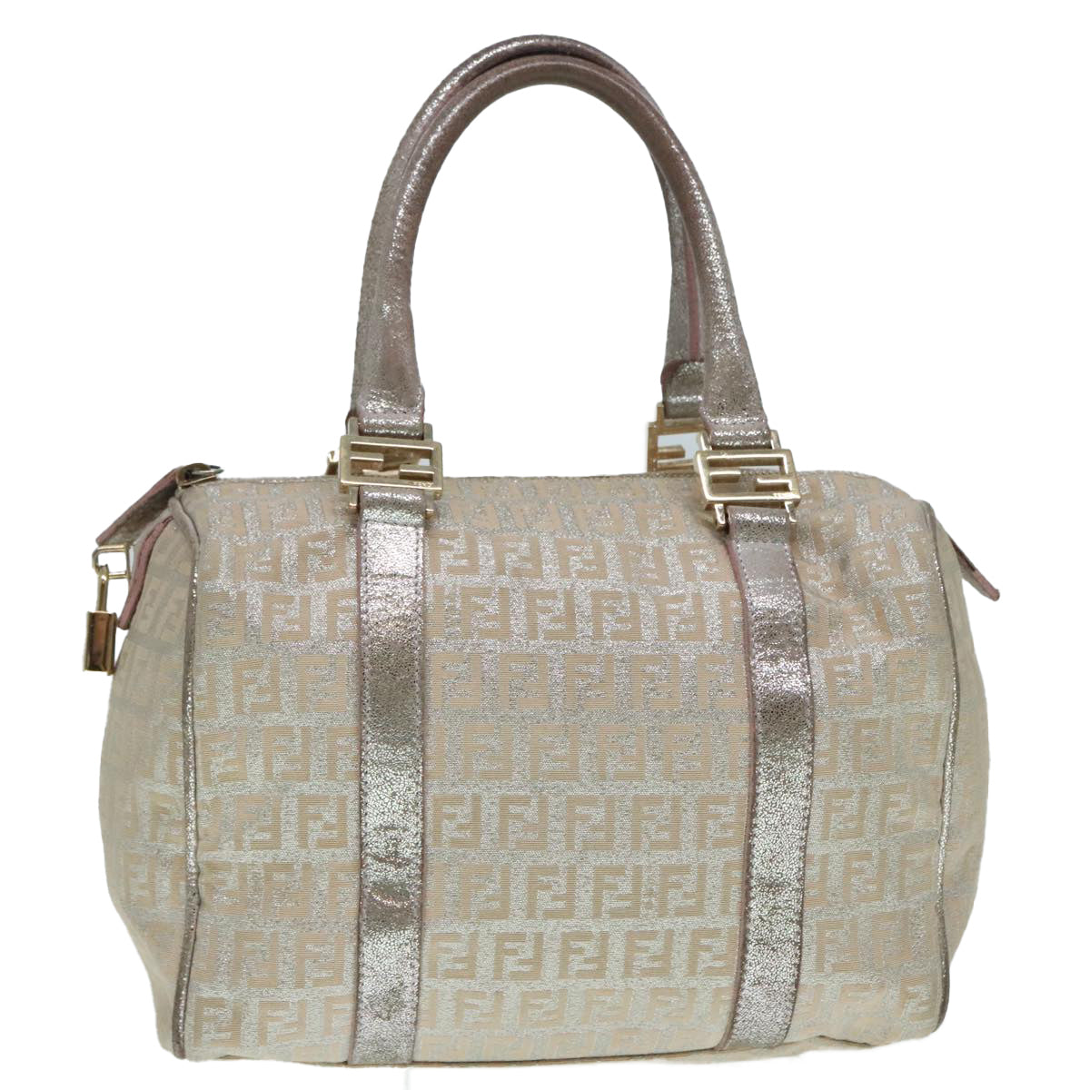 FENDI Zucchino Canvas Hand Bag Silver Beige Gold 92437