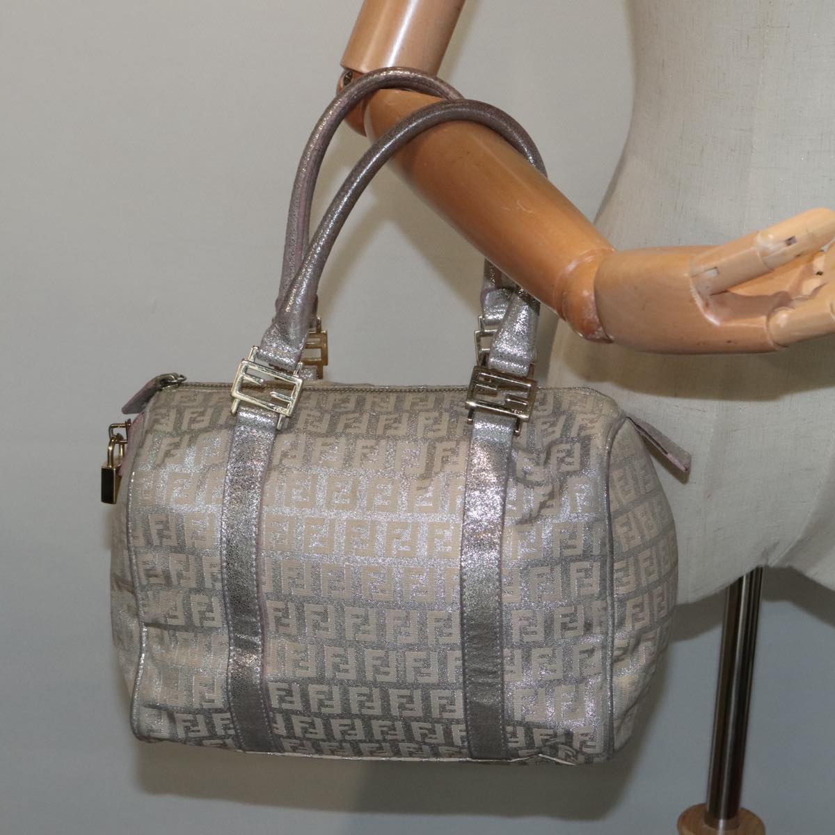 FENDI Zucchino Canvas Hand Bag Silver Beige Gold 92437