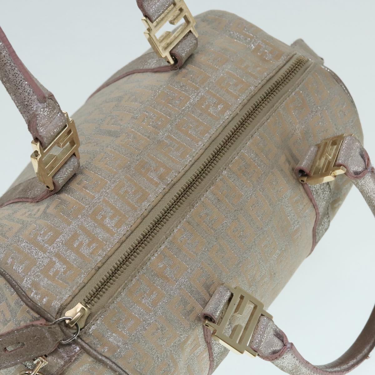 FENDI Zucchino Canvas Hand Bag Silver Beige Gold 92437