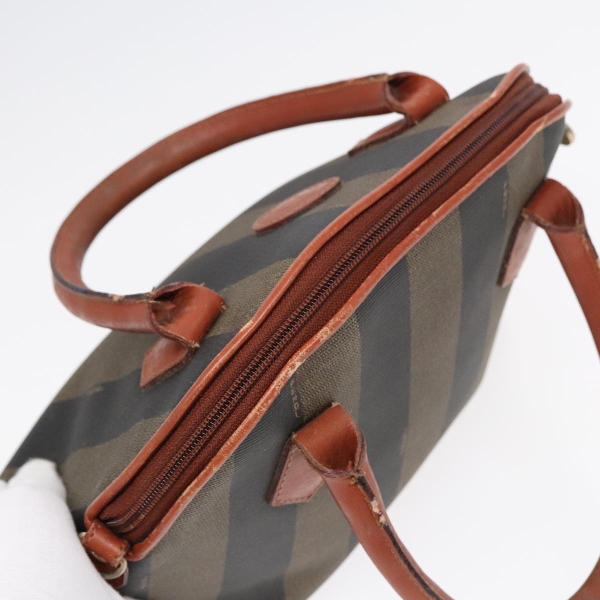 FENDI Pecan Canvas Hand Bag Brown Black Gold 92554