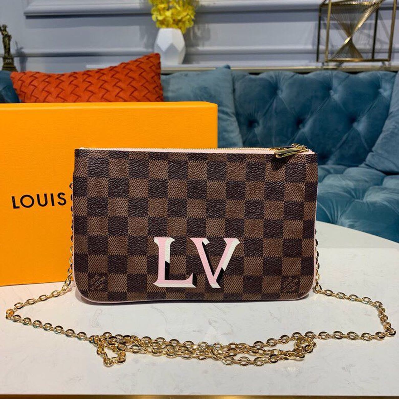 LV Pochette Double Zip Damier Ebene Canvas Rose Ballerine Pink For Women, WomenÃ¢â‚¬â„¢s Bags, Shoulder And Crossbody Bags 7.9in/21cm LV N60254